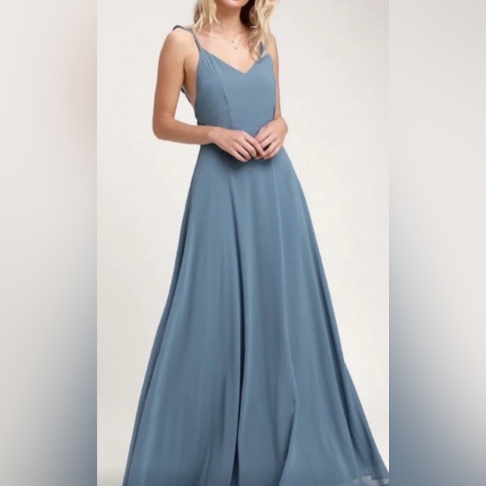 Lulu's Slate Blue Spaghetti-Strap Maxi Dress